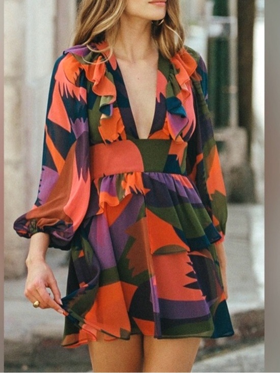 Hutch Dresses & Skirts - Hutch for Anthropologie Peplum Chiffon Mini Dress Romper Shorts Abstract Large